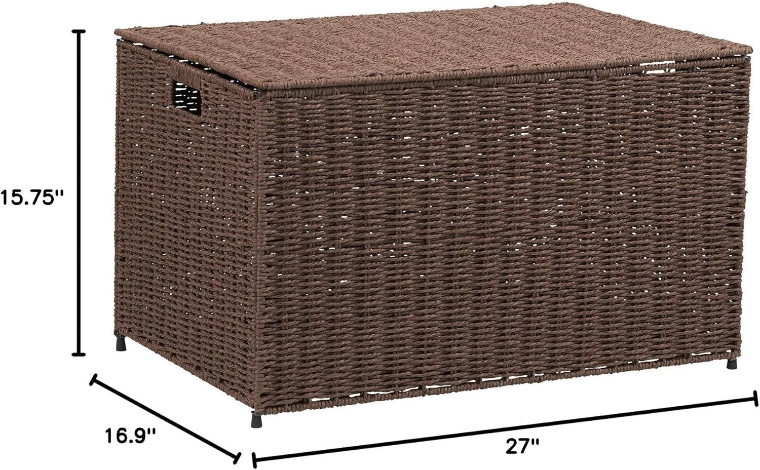 image:imageHousehold Essentials Woven Paper Rope Storage Chest with Hinged Lid and Integrated Handles GreyDark Brown