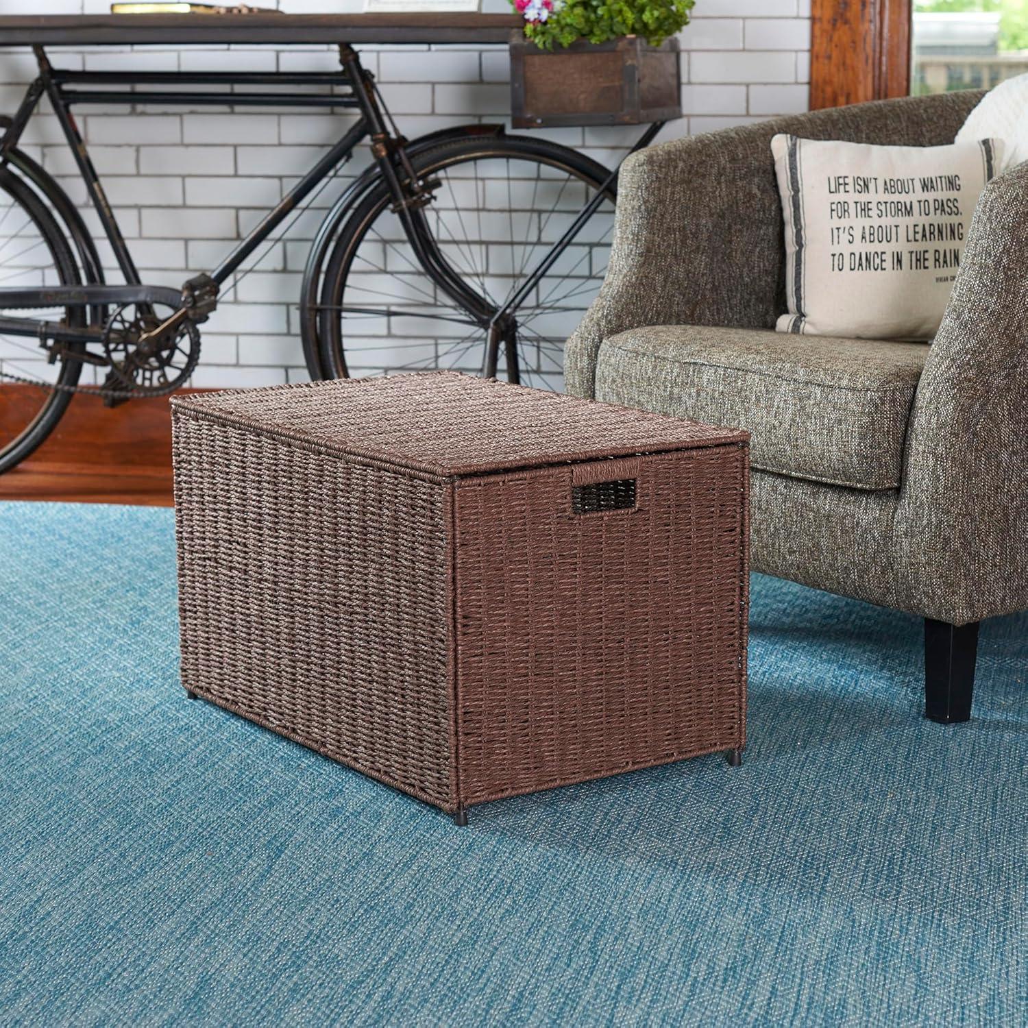 image:imageHousehold Essentials Woven Paper Rope Storage Chest with Hinged Lid and Integrated Handles GreyDark Brown