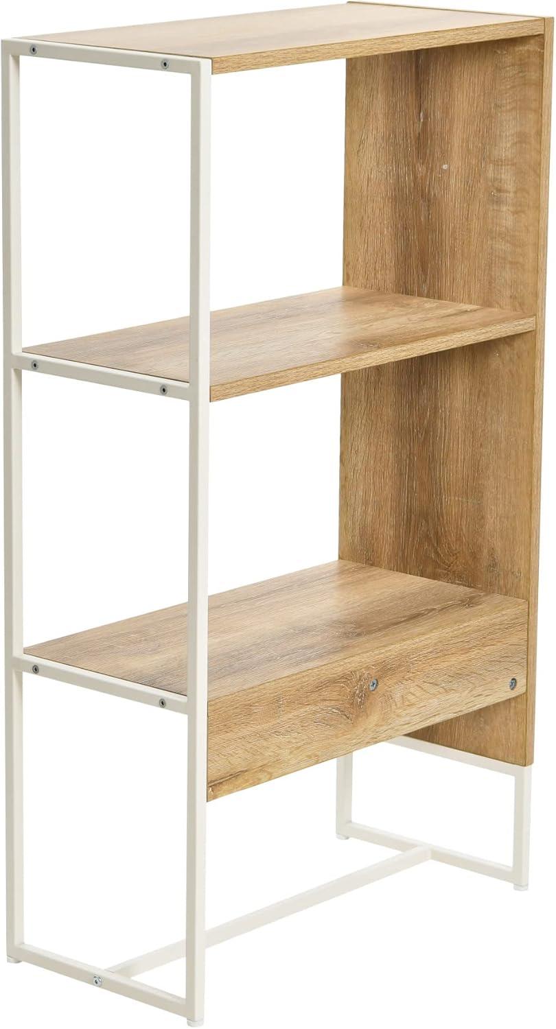 image:imageHousehold Essentials Wrap 3 Shelf Open Storage Bookshelf Coastal Oak Rustic Wood Grain and White Metal