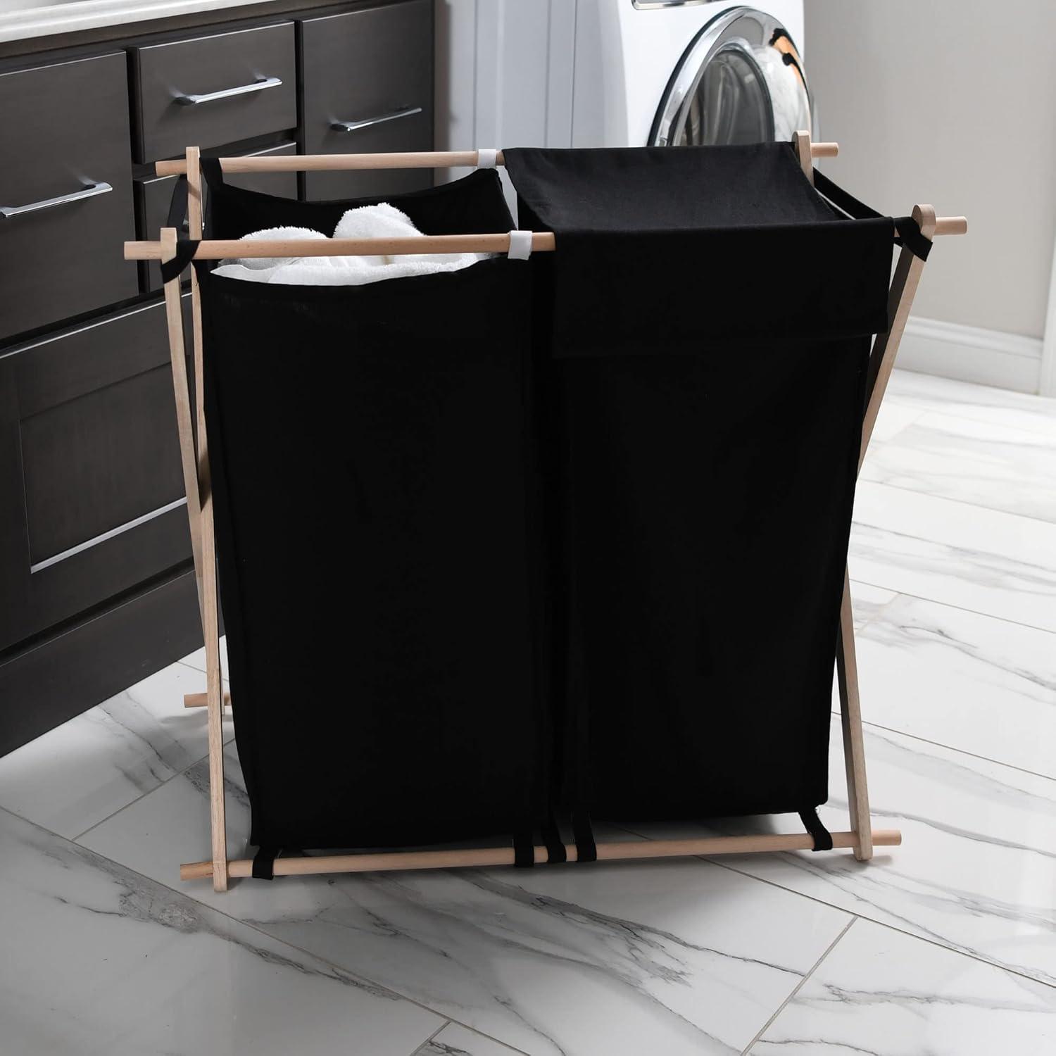 image:imageHousehold Essentials XFrame Wood Laundry Sorter Collapsible Wood Frame with Washable PolyCotton Bags Naturally Stylish LargeBlack