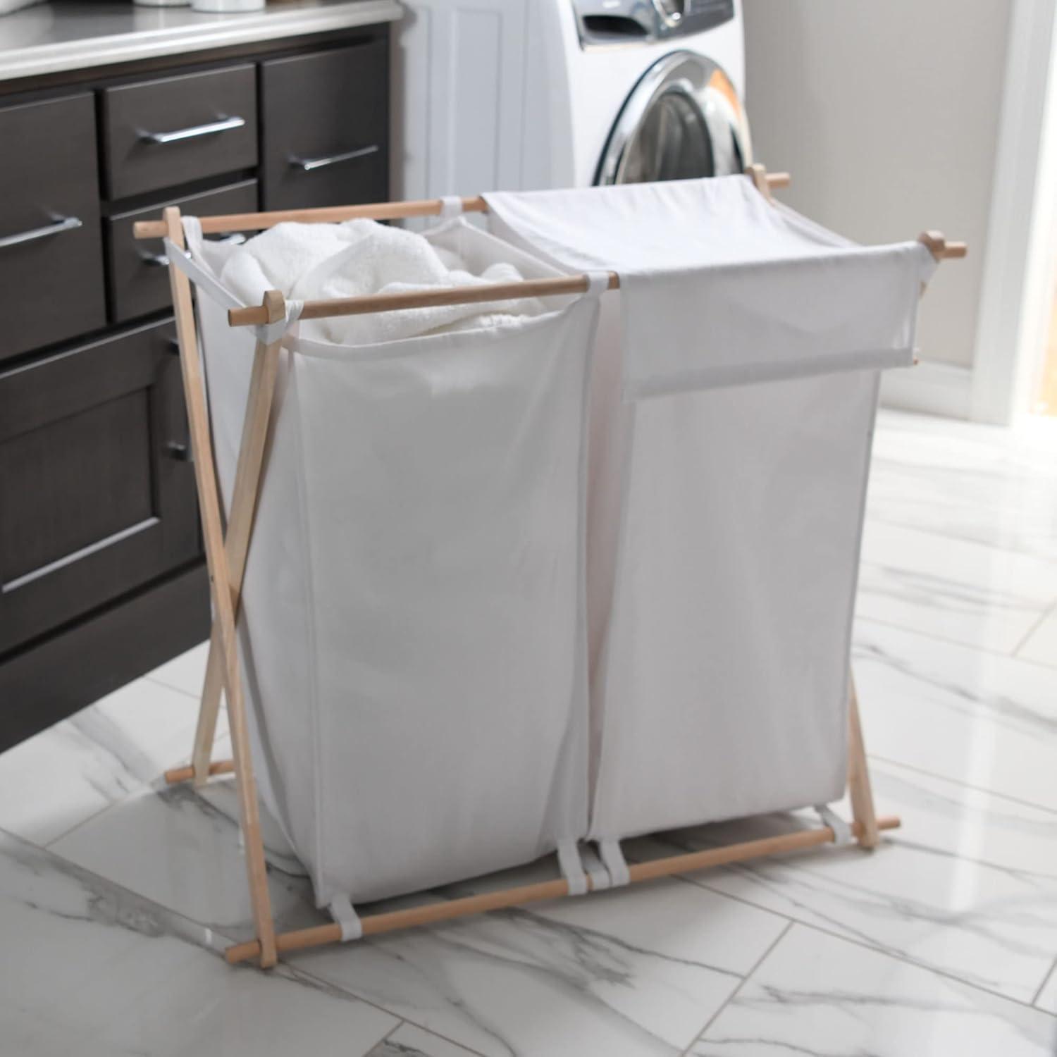 image:imageHousehold Essentials XFrame Wood Laundry Sorter Collapsible Wood Frame with Washable PolyCotton Bags Naturally Stylish LargeWhite