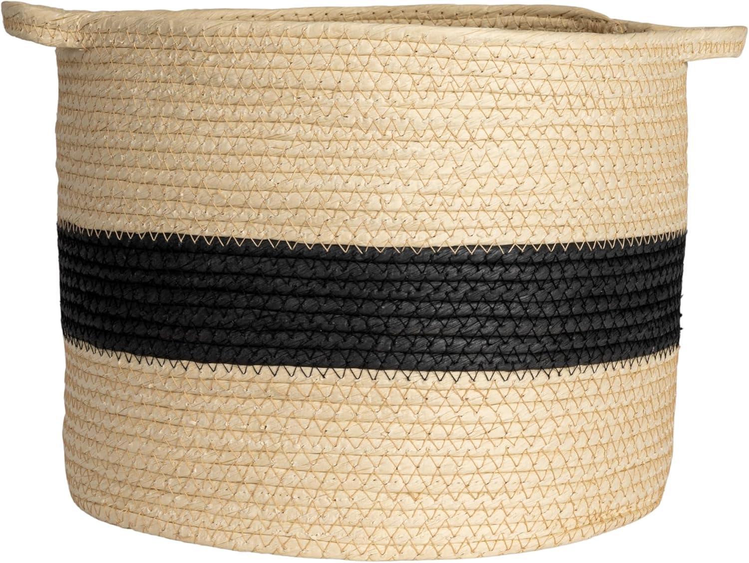 image:imageRound Handwoven Paper Rope Basket with Black Stripe and Handles Natural