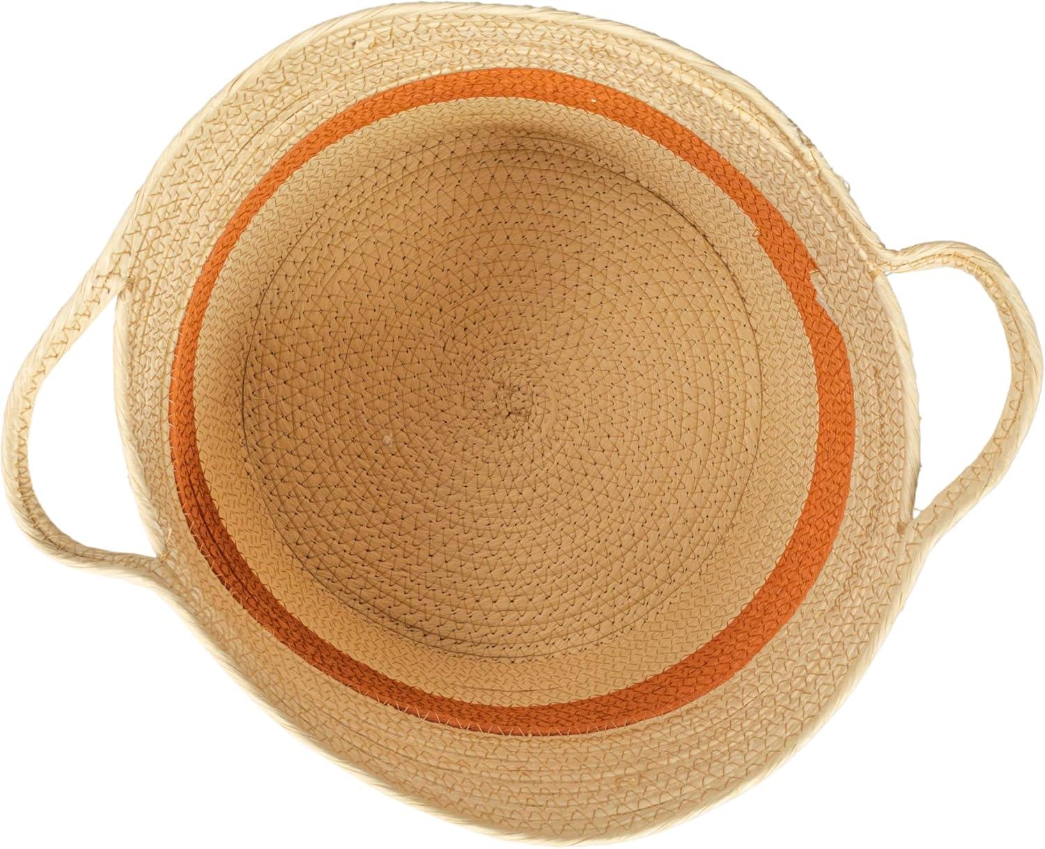 image:imageRound Handwoven Paper Rope Basket with Terracotta Stripe and Handles Natural