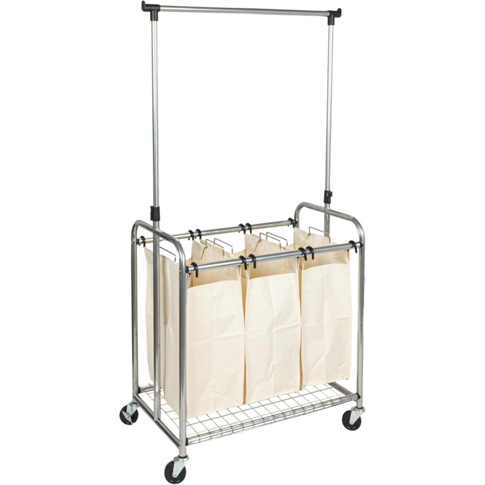 image:imageHousehold Essentials 3Bag Laundry Sorter with Clothes Rack Silver Lightweight Removable Sturdy