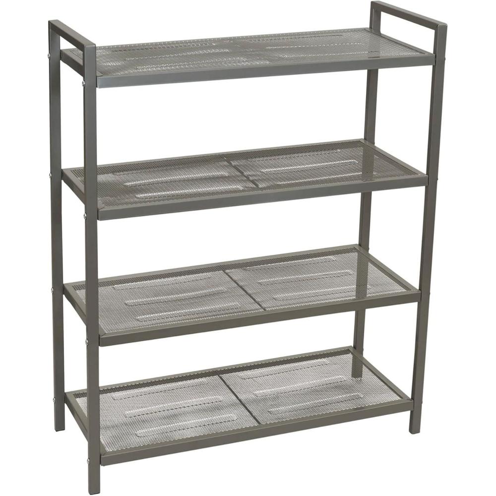 image:imageHousehold Essentials 4Tier Metal Shoe Rack Stretched Metal Shelving with Center Supports Durable Frame with Handles 12 Pair Capacity Lightweight Easy to Assemble NickelSilver
