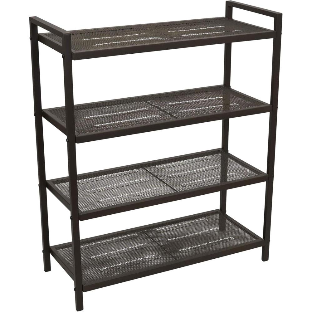 image:imageHousehold Essentials 4Tier Metal Shoe Rack Stretched Metal Shelving with Center Supports Durable Frame with Handles 12 Pair Capacity Lightweight Easy to Assemble NickelBrown
