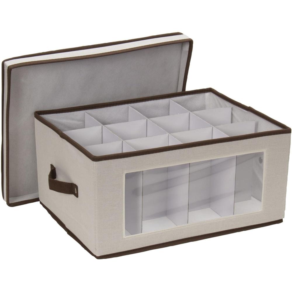image:imageHousehold Essentials Balloon Wine Glass Storage Box Strong Frame and Handles Windowed Panel Fully Removable Lid Stackable and Foldable Perfect for Wider Stemware GrayNatural