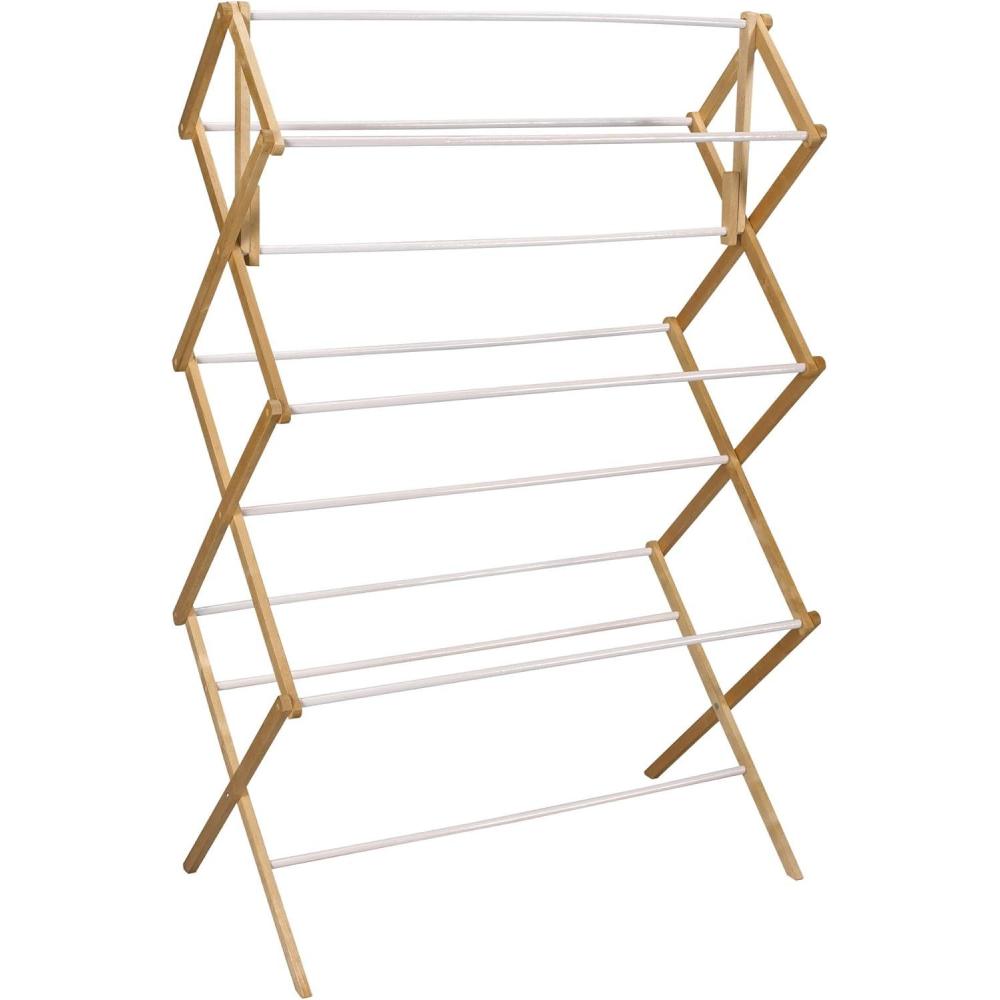 image:imageHousehold Essentials Bamboo Folding Clothes Drying Rack Large Capacity 14 Coated Metal Dowels 28 Feet of Drying Space EcoFriendly Collapsible Indoor Rack for Apartments Homes amp DormsNaturalWhite