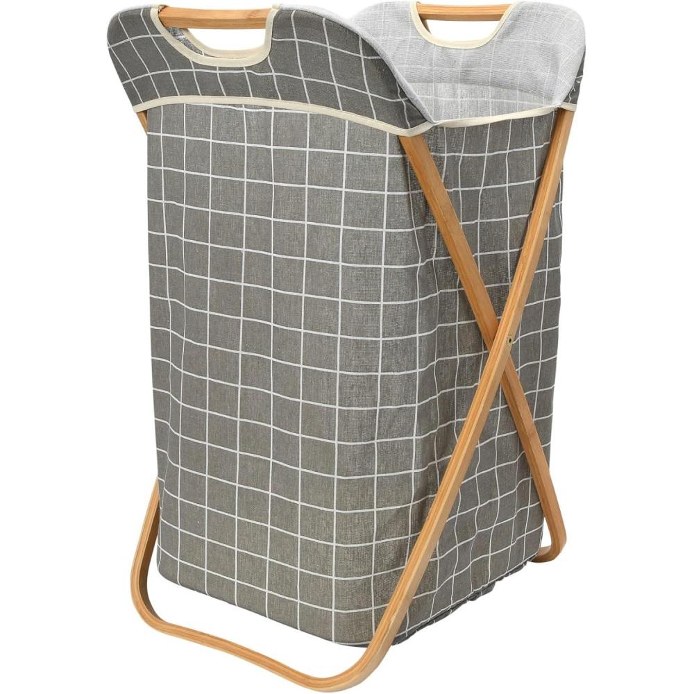 image:imageHousehold Essentials Bamboo X Frame Hamper with Grid Pattern GrayPlaid