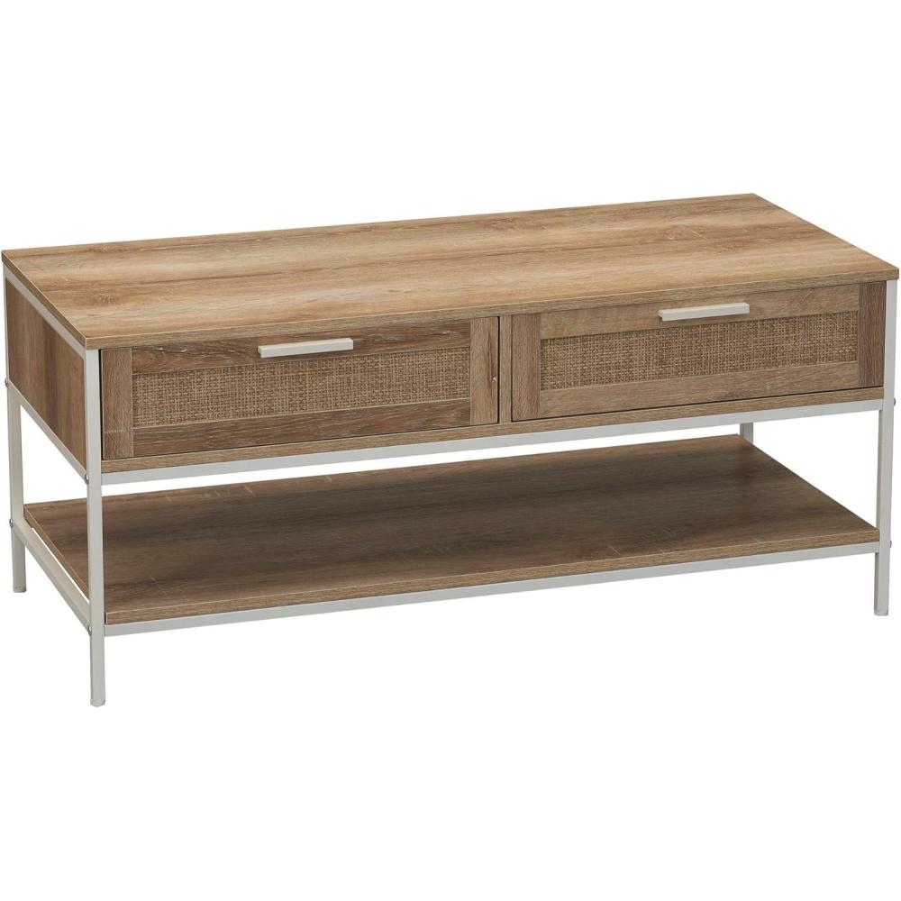 image:imageHousehold Essentials Bungalow Rectangular Coffee Table with Storage Shelf and 2 Drawers Coastal Oak Rustic Wood Grain Woven Front and White Metal