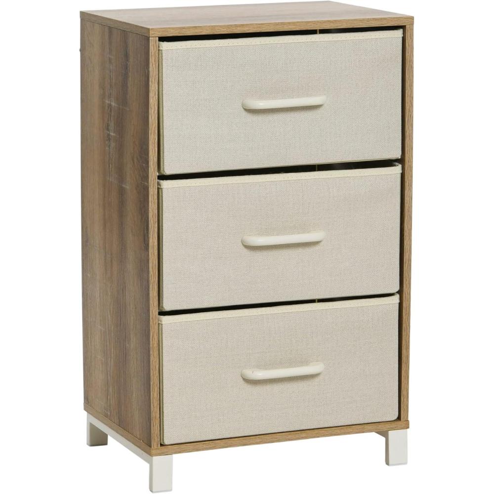 image:imageHousehold Essentials Dresser Nightstand Chest of Drawers Ashwood Rustic Wood Grain with 3 Grey Strorage DrawersCoastal Oak