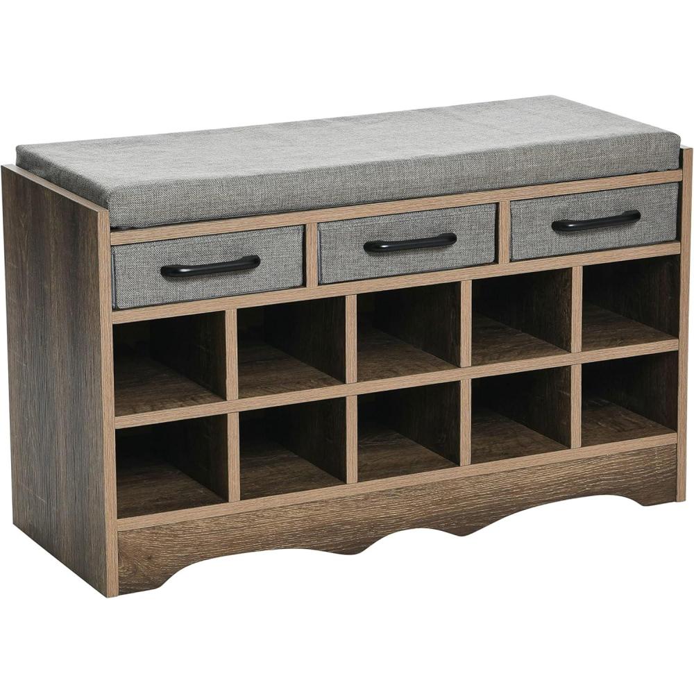 image:imageHousehold Essentials Entryway Storage Bench with 3 Beige Drawers 10 Shoe Compartments and Cushioned Seat in Coastal Oak Rustic Wood GrainAshwood Finish
