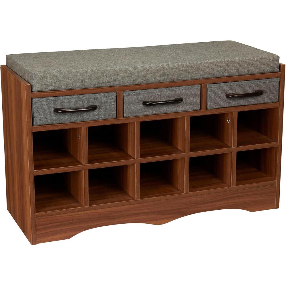 image:imageHousehold Essentials Entryway Storage Bench with 3 Beige Drawers 10 Shoe Compartments and Cushioned Seat in Coastal Oak Rustic Wood GrainHoney Maple Finish