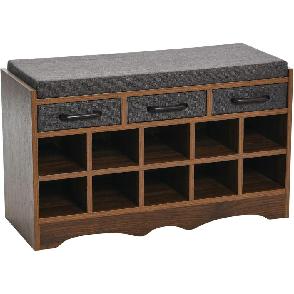image:imageHousehold Essentials Entryway Storage Bench with 3 Beige Drawers 10 Shoe Compartments and Cushioned Seat in Coastal Oak Rustic Wood GrainWalnut Wood FinishGrey