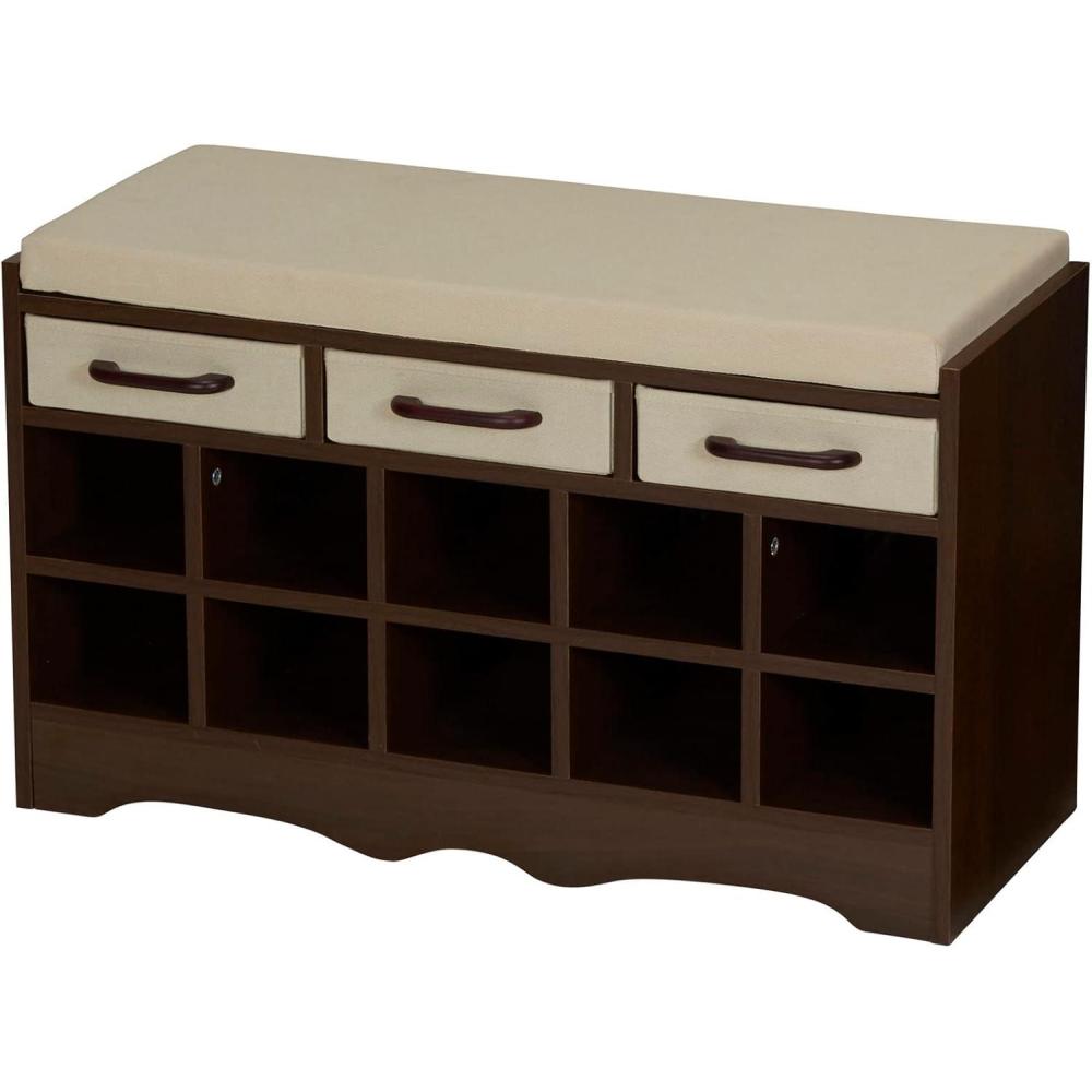 image:imageHousehold Essentials Entryway Storage Bench with 3 Beige Drawers 10 Shoe Compartments and Cushioned Seat in Coastal Oak Rustic Wood GrainWalnut Wood FinishBeige