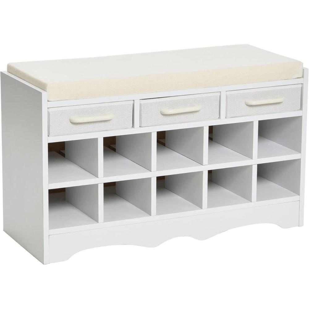 image:imageHousehold Essentials Entryway Storage Bench with 3 Beige Drawers 10 Shoe Compartments and Cushioned Seat in Coastal Oak Rustic Wood GrainWhite