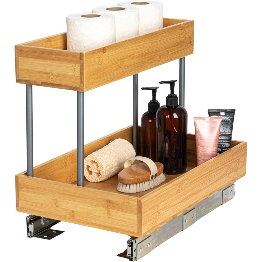 image:imageHousehold Essentials Glidez Bamboo and Steel PullOutSlideOut Storage Organizer for Under Cabinet Use  1Tier Design  Fits Standard Size Cabinet or Shelf NaturalUndersink
