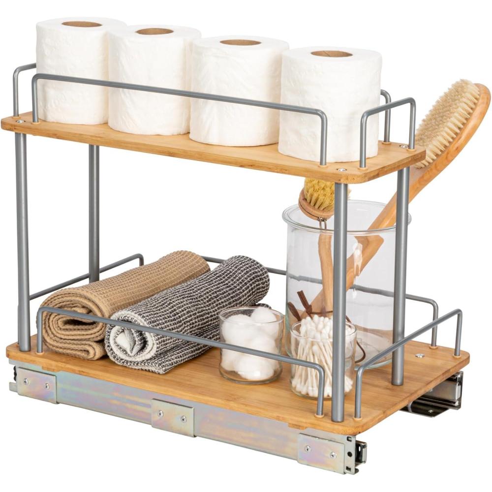 image:imageHousehold Essentials Glidez Bamboo and Steel PullOutSlideOut Storage Organizer for Under Cabinet Use 1Tier Design Fits Standard Size Cabinet or Shelf NaturalSteel Rim Undersink