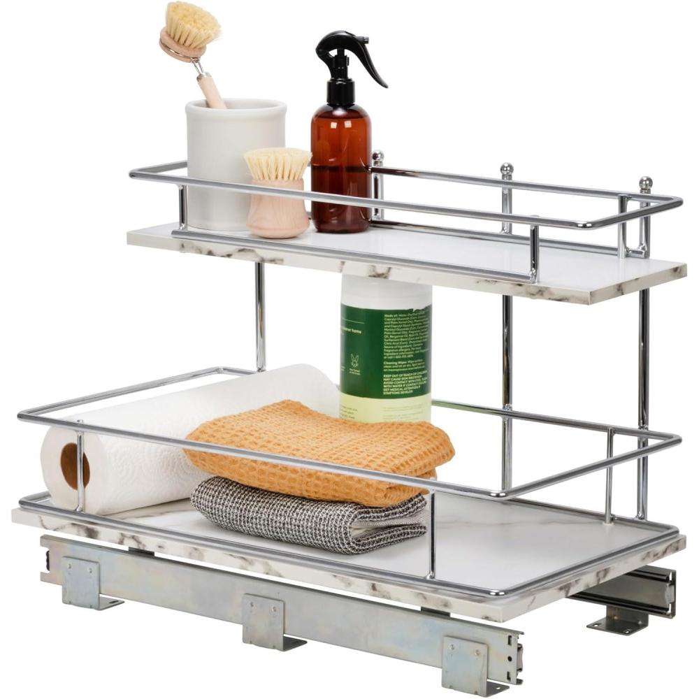 image:imageHousehold Essentials Glidez ChromePlated Steel and Faux Marble PullOutSlideOut Storage Organizer for Under Sink or Cabinet 2Tier Design Fits Standard Size Cabinet or Shelf White and ChromeUndersink