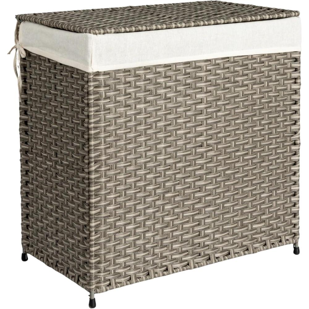 image:imageHousehold Essentials Handwoven Laundry Hamper Synthetic Rattan Clothes Laundry Basket with Lid and Handles Gray