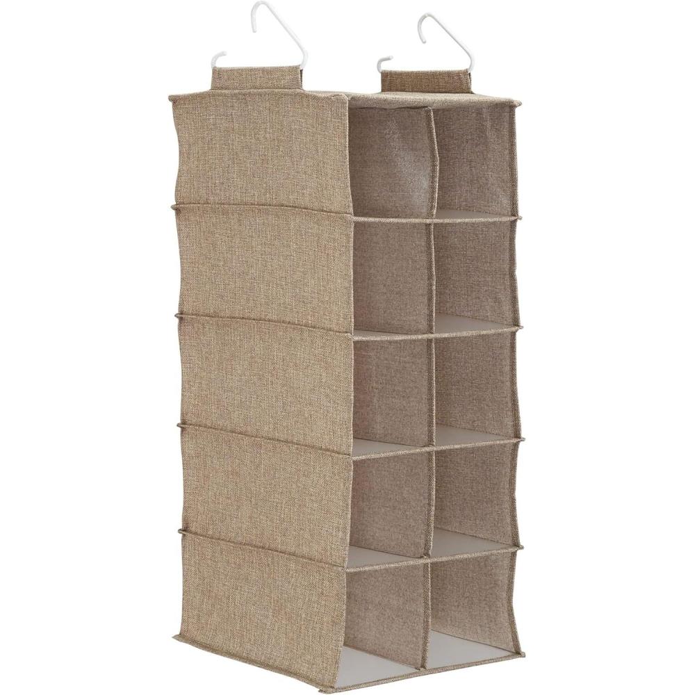 image:imageHousehold Essentials Hanging Cotton Blend and Plastic Closet Shoe Organizer with 10 Storage Compartments DenimLatte