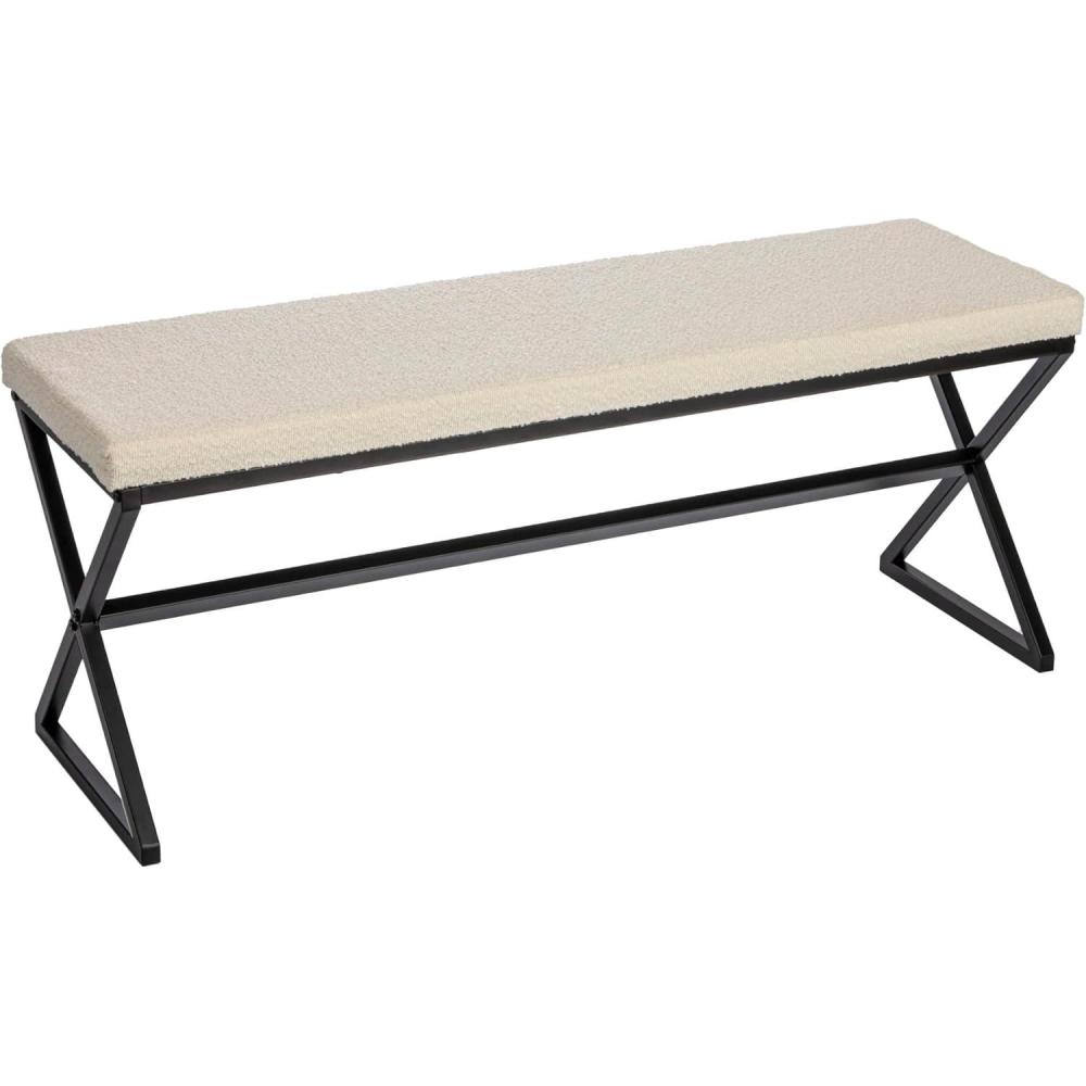 image:imageHousehold Essentials Harper Metal Bench with Boucle Upholstered Cushion BlueGrey and BlackCream