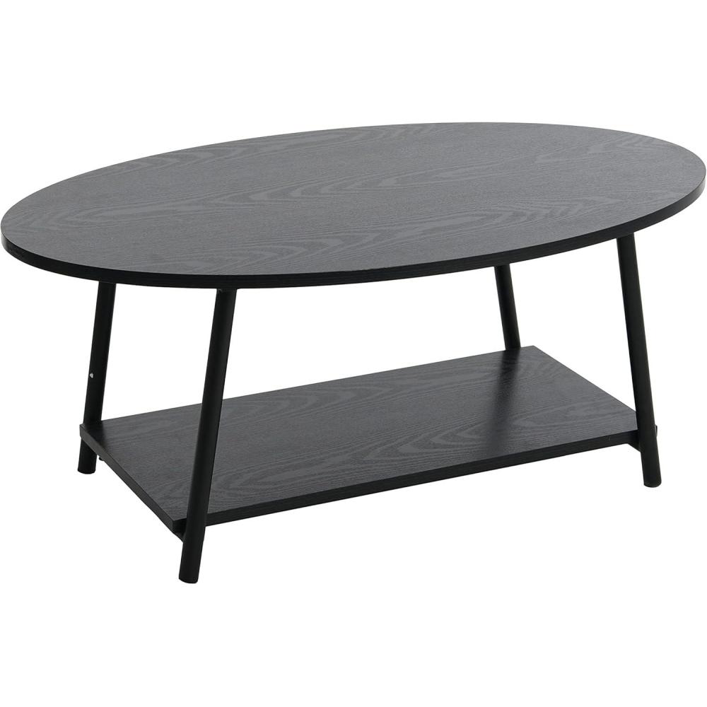 image:imageHousehold Essentials Jamestown Oval Coffee Table with Storage Shelf Rustic Slate Concrete and Black MetalBlack Oak