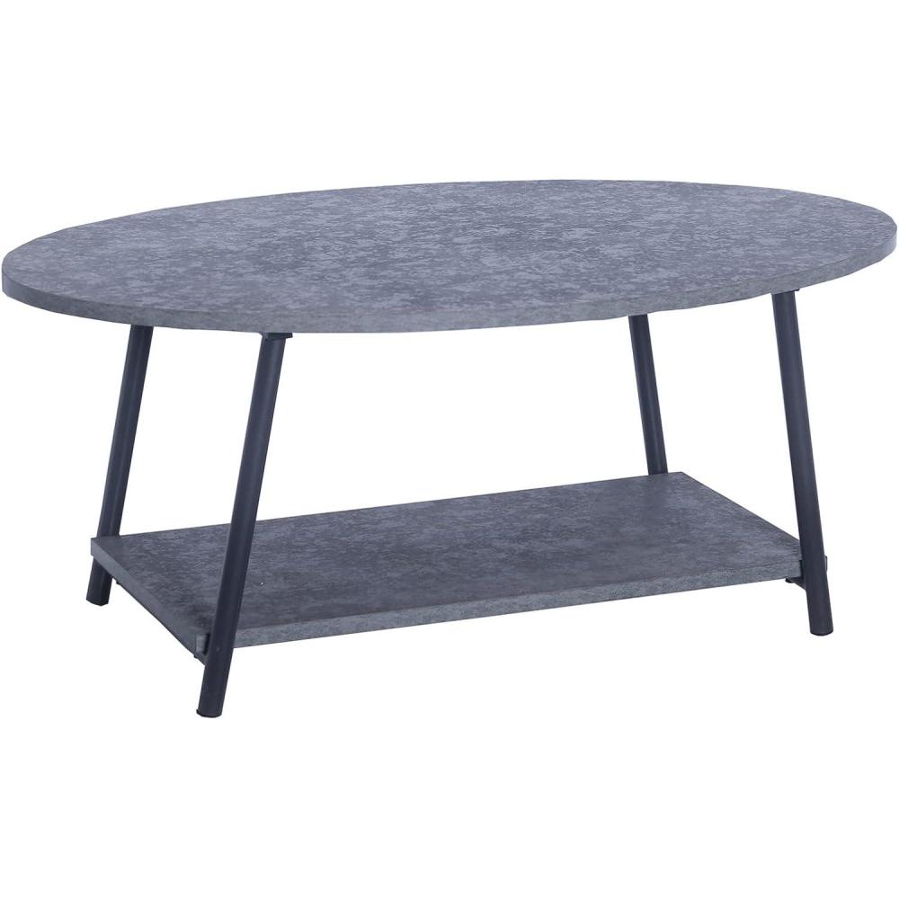 image:imageHousehold Essentials Jamestown Oval Coffee Table with Storage Shelf Rustic Slate Concrete and Black MetalGrey