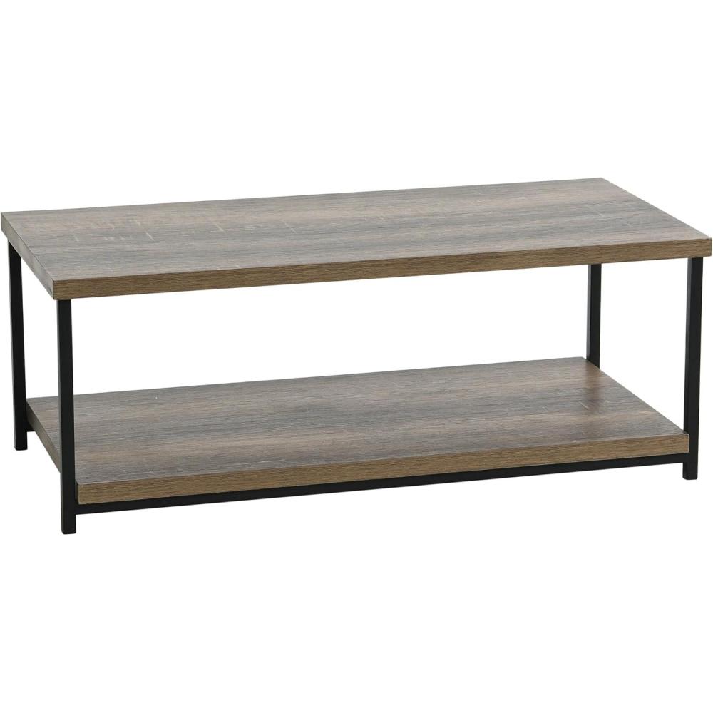 image:imageHousehold Essentials Jamestown Rectangular Coffee Table with Storage Shelf Coastal Oak Rustic Wood Grain and White MetalTaupe
