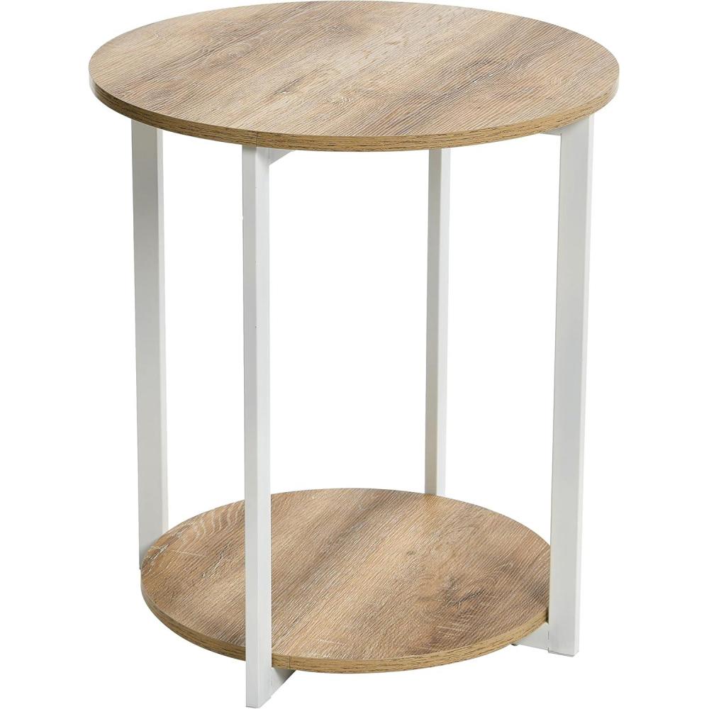 image:imageHousehold Essentials Jamestown Round Side End Table with Storage Shelf Mid Century Walnut Wood Grain and Black MetalCoastal Oak