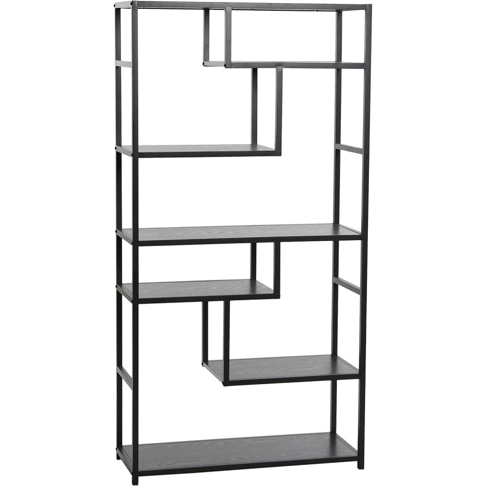 image:imageHousehold Essentials Jamestown Tall 6 Shelf Open Storage Bookshelf Black Oak Wood Grain and Black MetalBlack