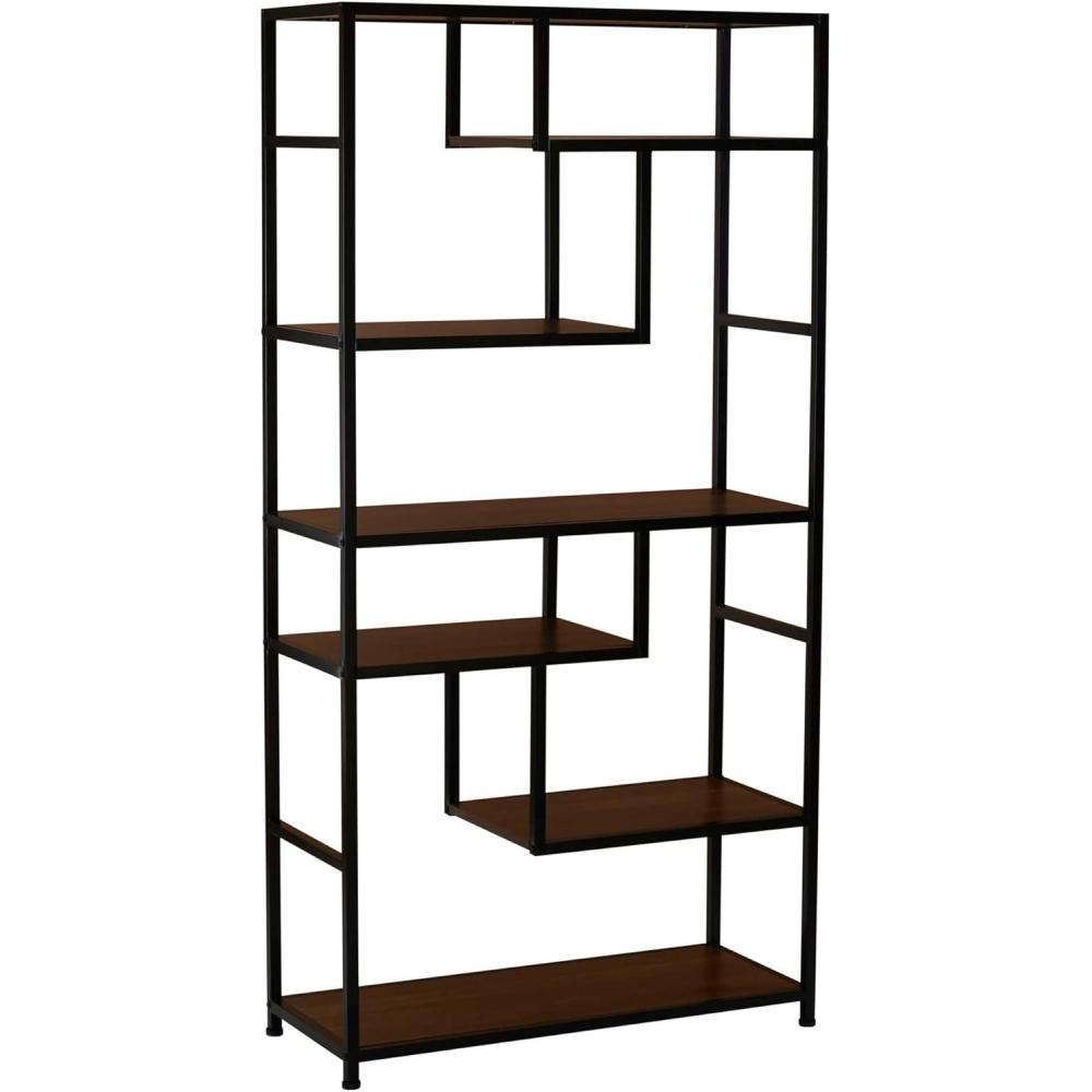 image:imageHousehold Essentials Jamestown Tall 6 Shelf Open Storage Bookshelf Black Oak Wood Grain and Black MetalBrown