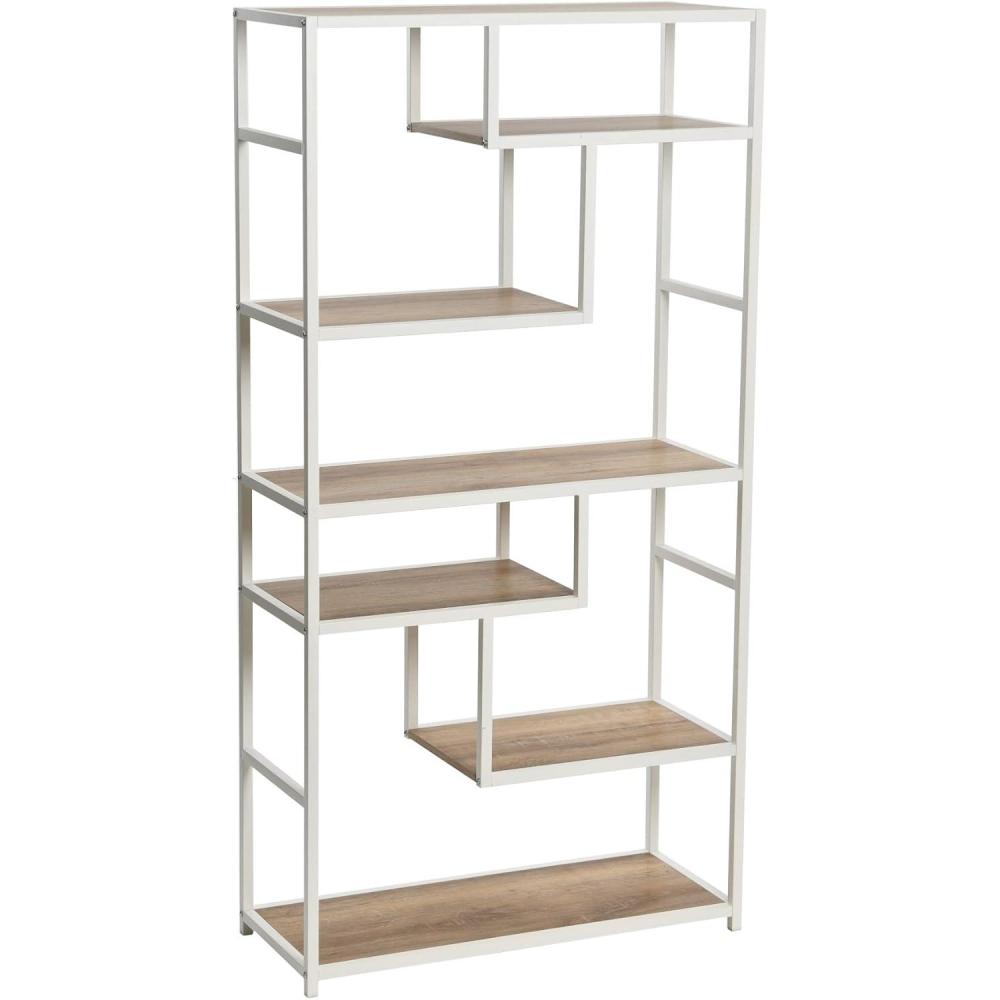image:imageHousehold Essentials Jamestown Tall 6 Shelf Open Storage Bookshelf Black Oak Wood Grain and Black MetalDistressed White