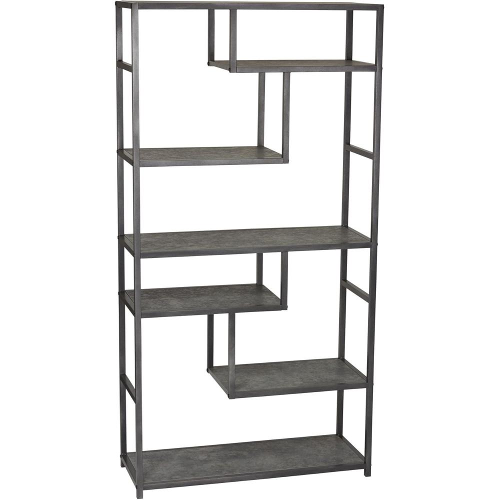 image:imageHousehold Essentials Jamestown Tall 6 Shelf Open Storage Bookshelf Black Oak Wood Grain and Black MetalGrey