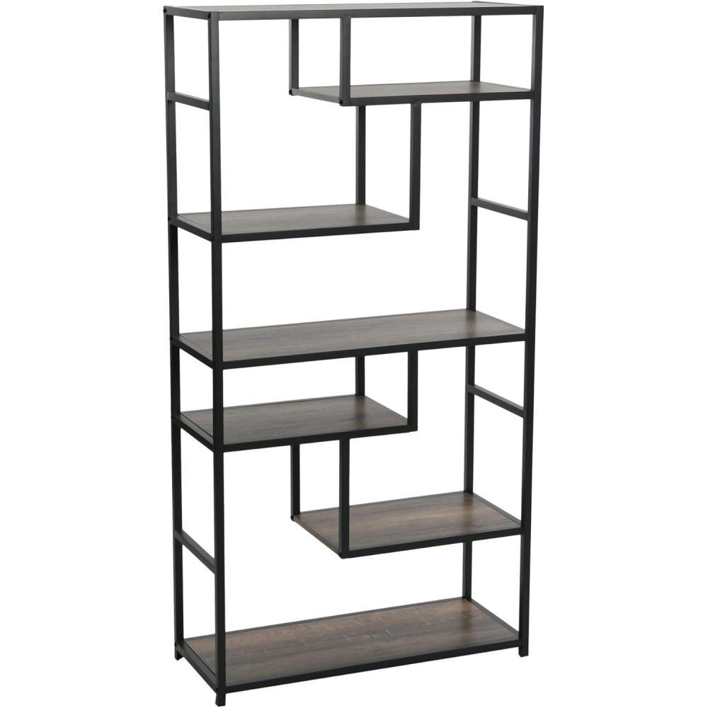 image:imageHousehold Essentials Jamestown Tall 6 Shelf Open Storage Bookshelf Black Oak Wood Grain and Black MetalTaupe