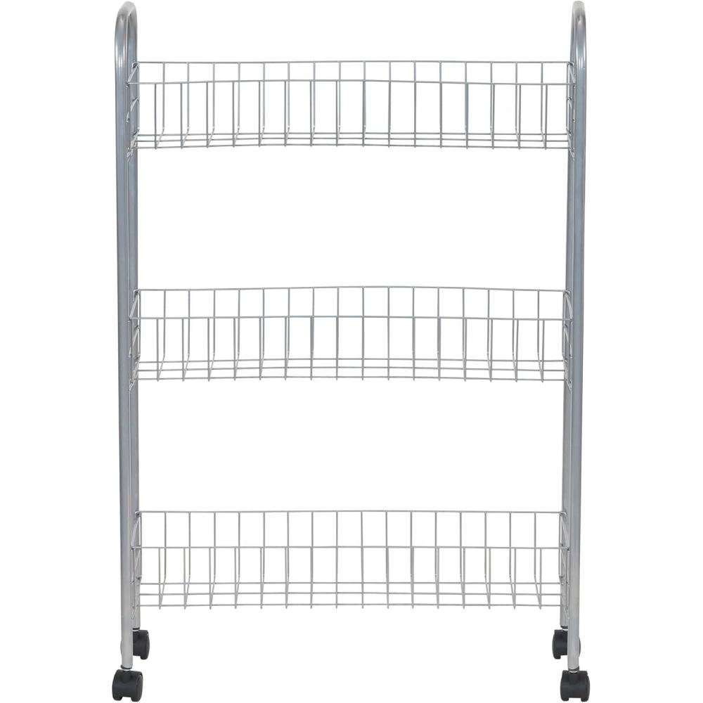 image:imageHousehold Essentials Matte Black Slim 3 Shelf Storage Cart with Wheels7 Silver Basic