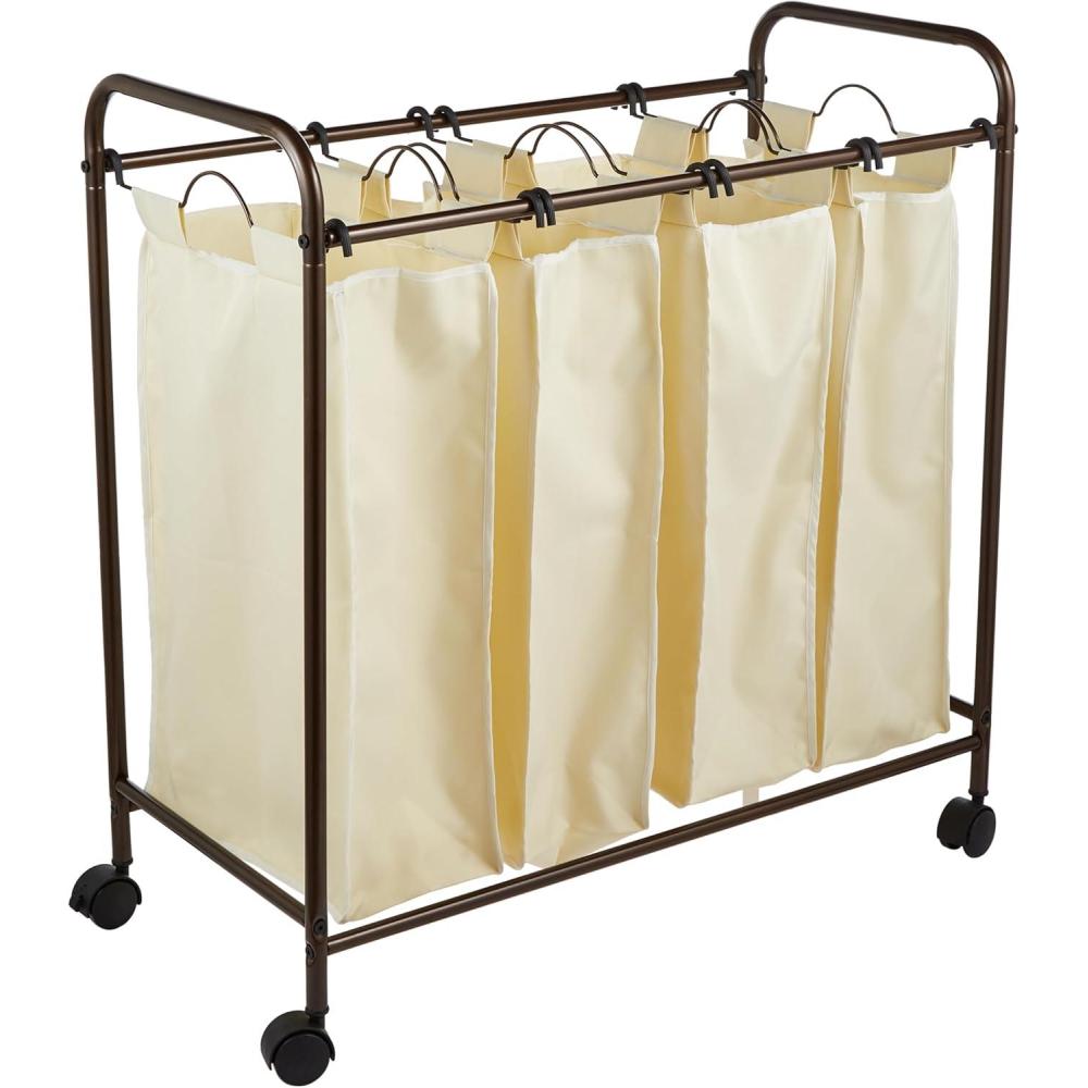 image:imageHousehold Essentials Rolling Laundry Sorter 4 Bag Laundry Sorter Cart with Washable and Removable Bags WhiteNaturalBronze
