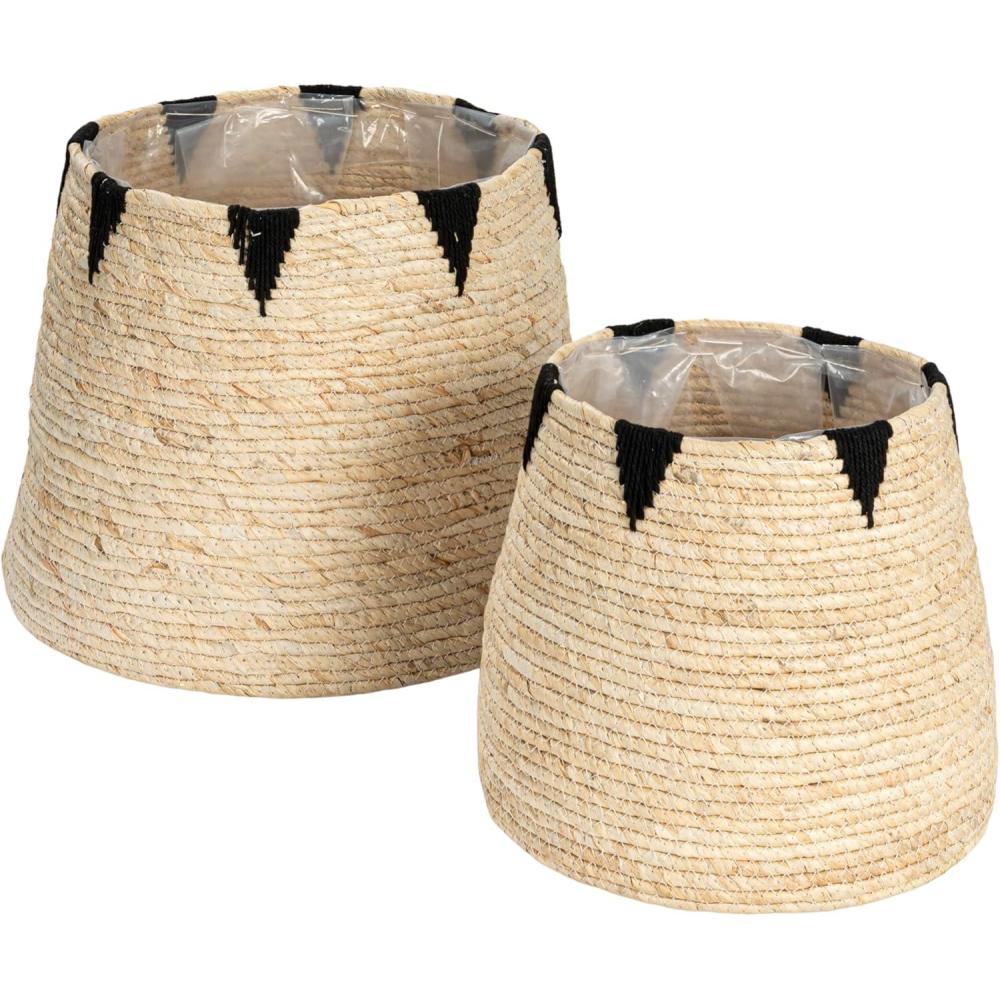 image:imageHousehold Essentials Round Handwoven Corn Leaf Basket Set of 2 with Plastic Liner Natural with Black Accents