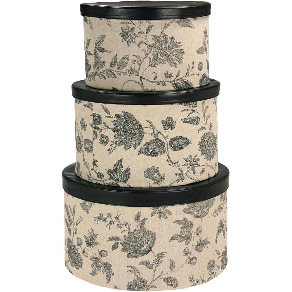 image:imageHousehold Essentials Round Hat Boxes with Lids Vibrant Scallop Print with Faux Leather Lids PolyCotton and NonWoven PP Liner Large Medium and Small Stackable and Nestable Olive and CreamFloral