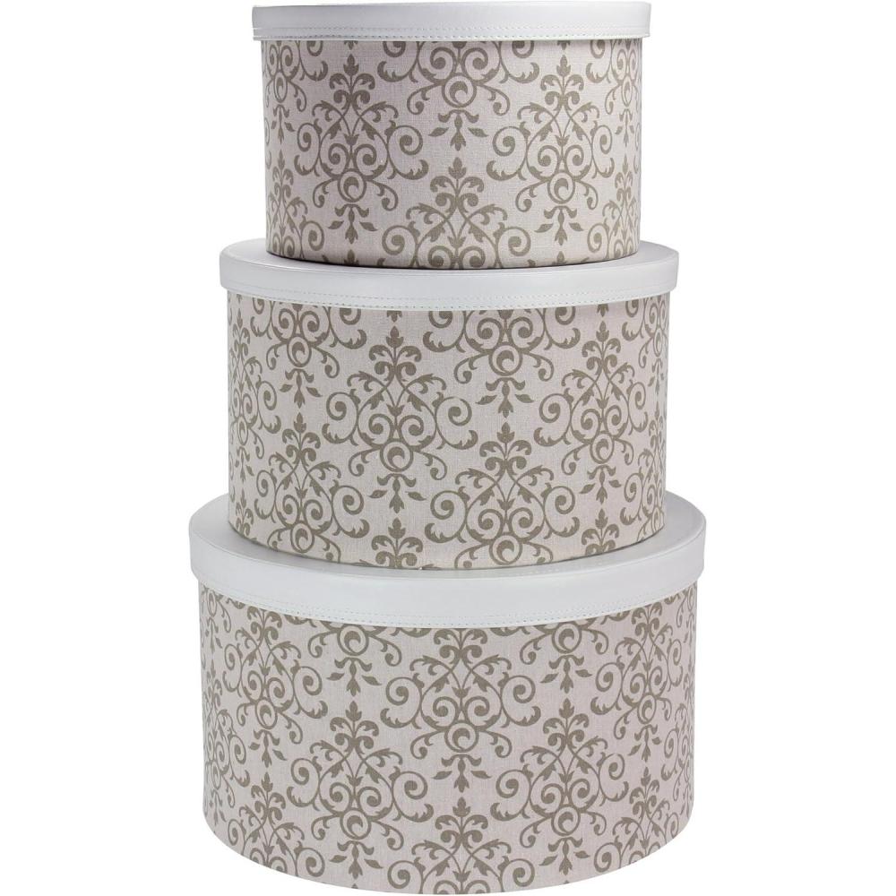 image:imageHousehold Essentials Round Hat Boxes with Lids Vibrant Scallop Print with Faux Leather Lids PolyCotton and NonWoven PP Liner Large Medium and Small Stackable and Nestable Olive and CreamOlive