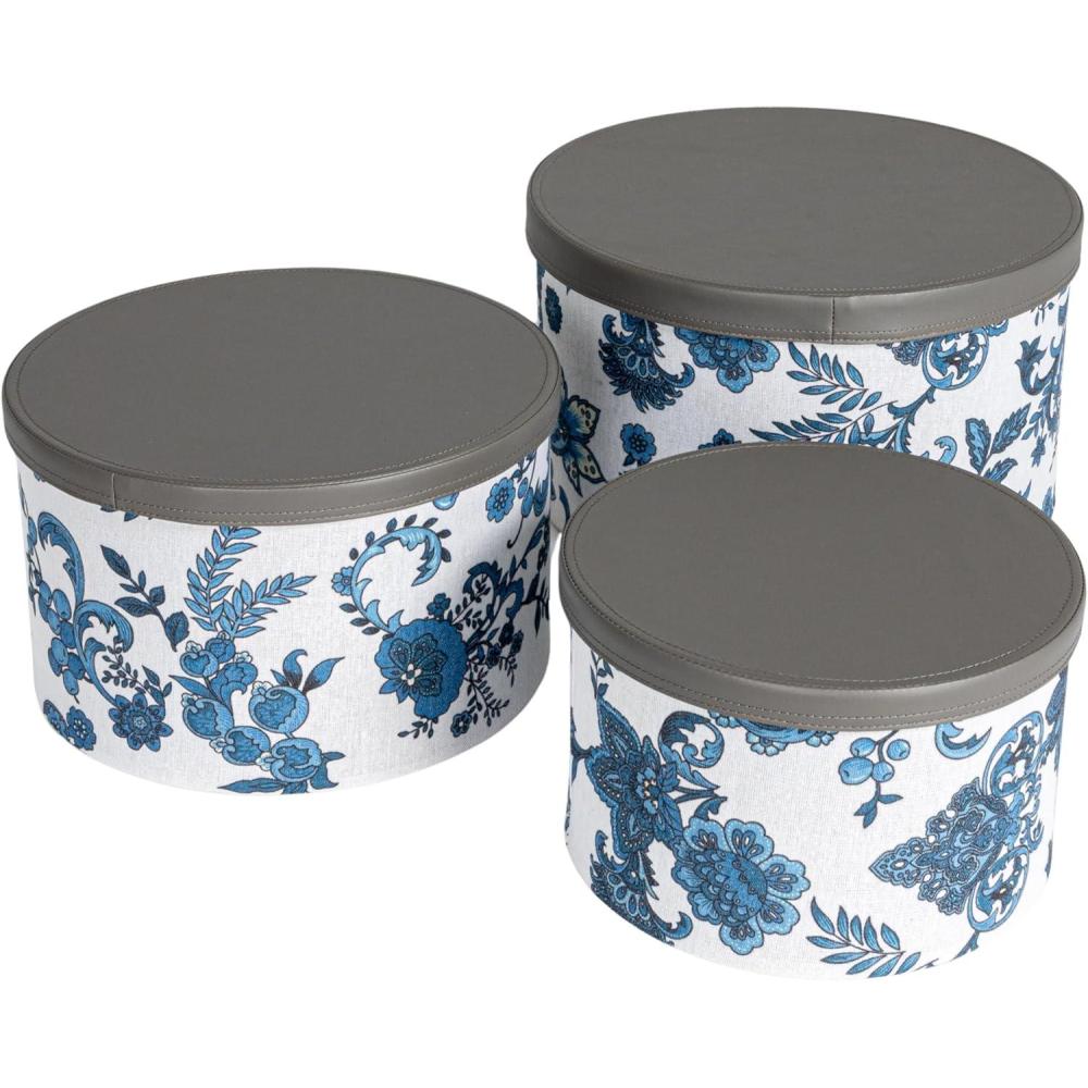 image:imageHousehold Essentials Round Hat Boxes with Lids Vibrant Scallop Print with Faux Leather Lids PolyCotton and NonWoven PP Liner Large Medium and Small Stackable and Nestable Olive and CreamBlue Floral