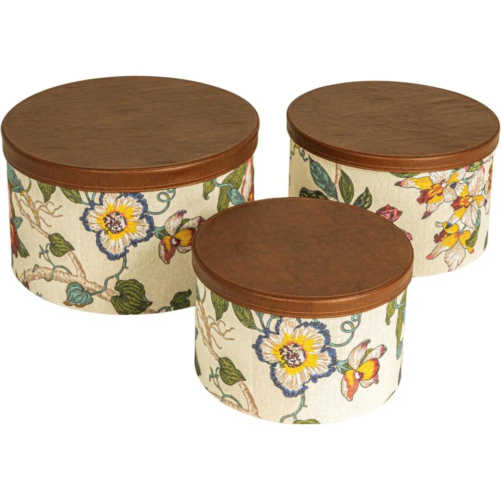 image:imageHousehold Essentials Round Hat Boxes with Lids Vibrant Scallop Print with Faux Leather Lids PolyCotton and NonWoven PP Liner Large Medium and Small Stackable and Nestable Olive and CreamMulticolor Floral