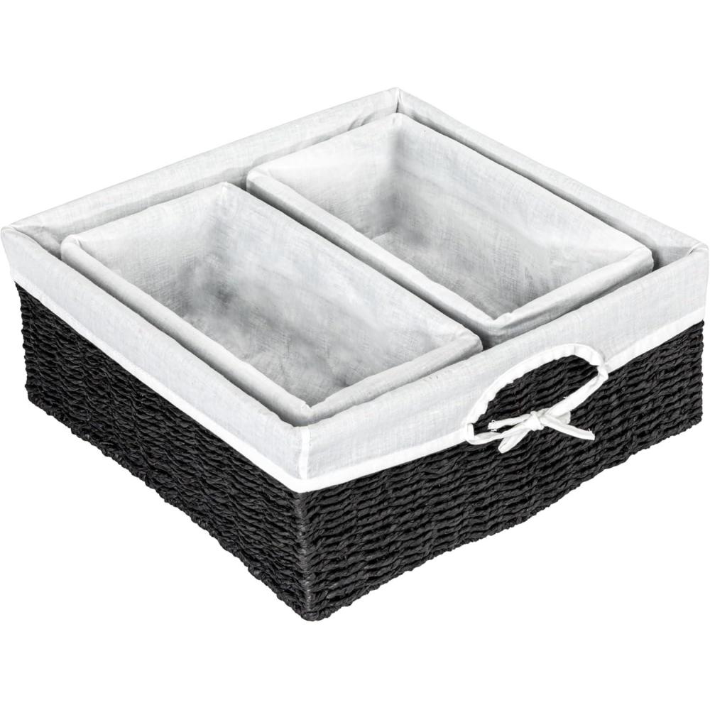 image:imageHousehold Essentials Wicker Basket Set 3 Pieces 1 Large and 2 Small Water Hyacinth Baskets for Storage and OrganizationPaper Rope
