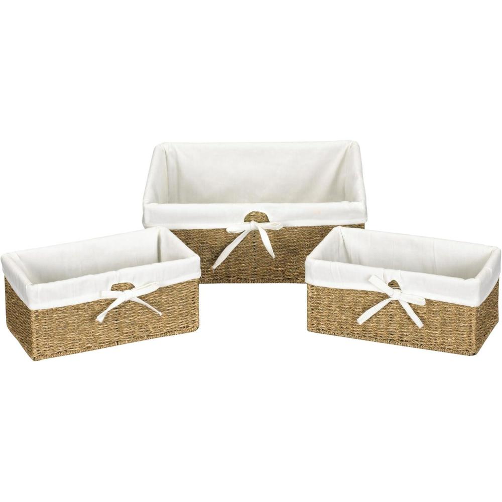 image:imageHousehold Essentials Wicker Basket Set 3 Pieces 1 Large and 2 Small Water Hyacinth Baskets for Storage and OrganizationSeagrass