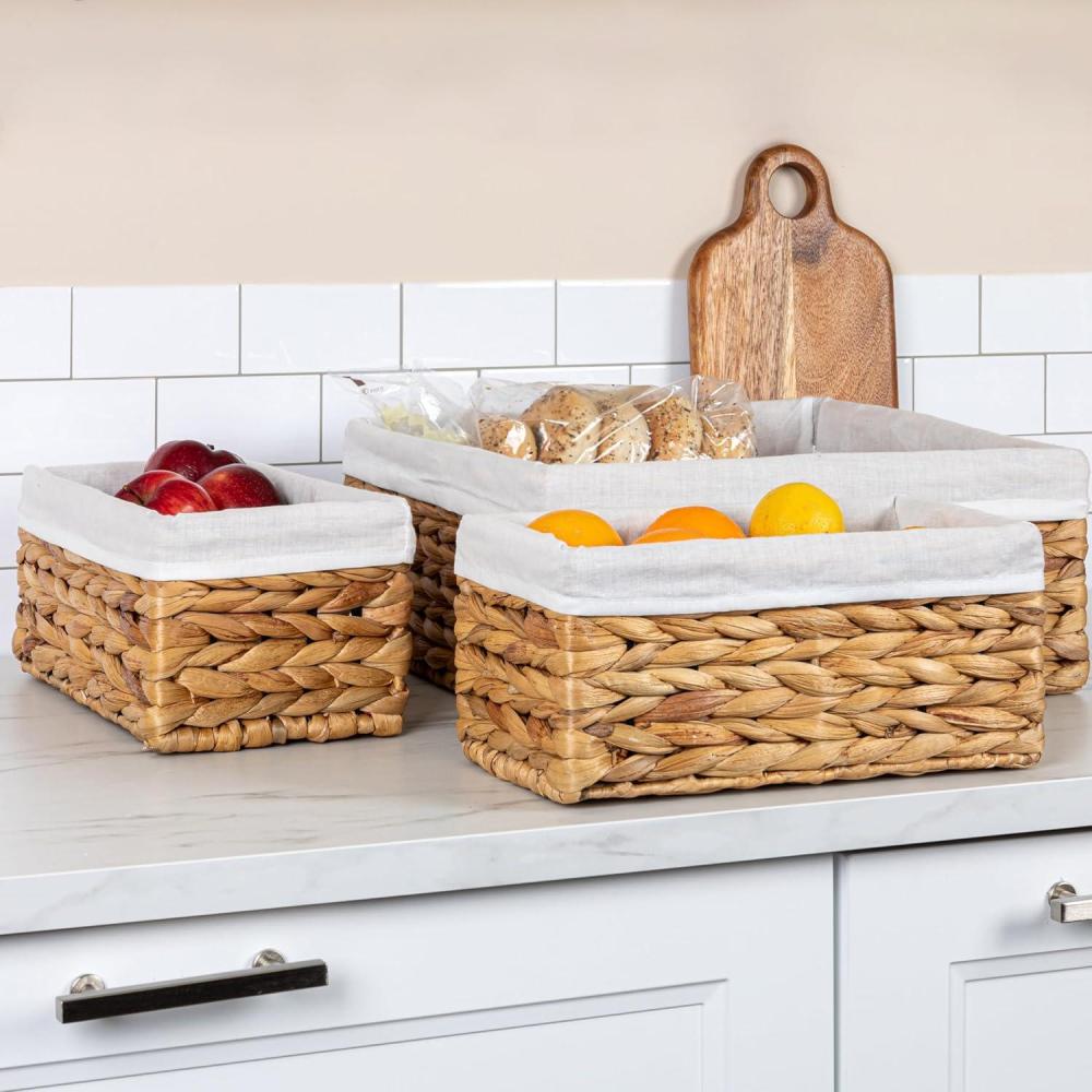 image:imageHousehold Essentials Wicker Basket Set 3 Pieces 1 Large and 2 Small Water Hyacinth Baskets for Storage and OrganizationWater Hyacinth
