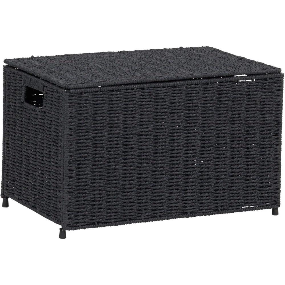 image:imageHousehold Essentials Woven Paper Rope Storage Chest with Hinged Lid and Integrated Handles GreyBlack