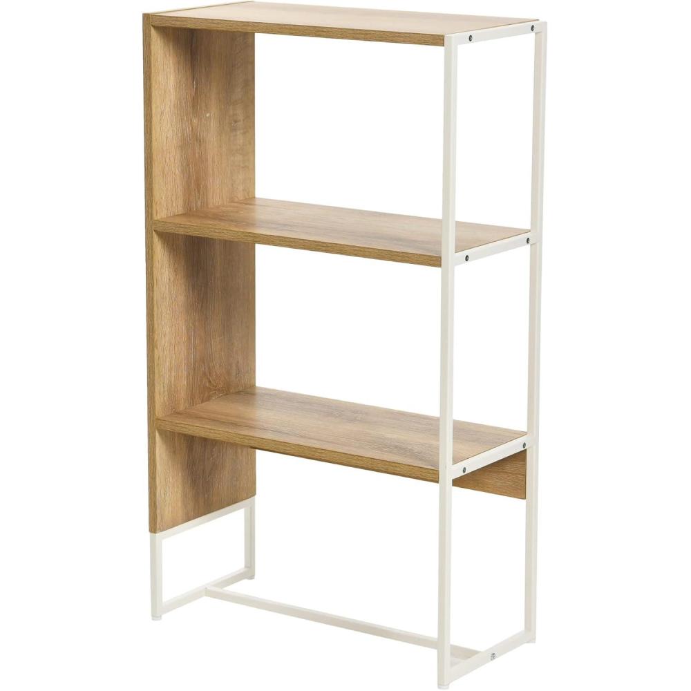 image:imageHousehold Essentials Wrap 3 Shelf Open Storage Bookshelf Coastal Oak Rustic Wood Grain and White Metal