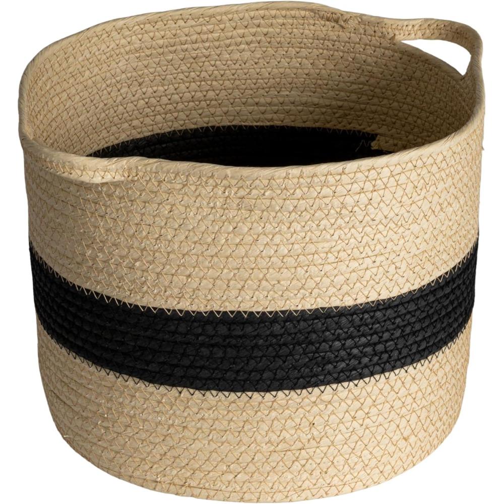 image:imageRound Handwoven Paper Rope Basket with Black Stripe and Handles Natural