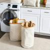 Household Essentials Bamboo Rimmed Round Krush Hamper with Cutout Handles, Black and White(Tan Chevron)