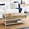 Household Essentials Bungalow Rectangular Coffee Table with Storage Shelf and 2 Drawers Coastal Oak Rustic Wood Grain Woven Front and White Metal